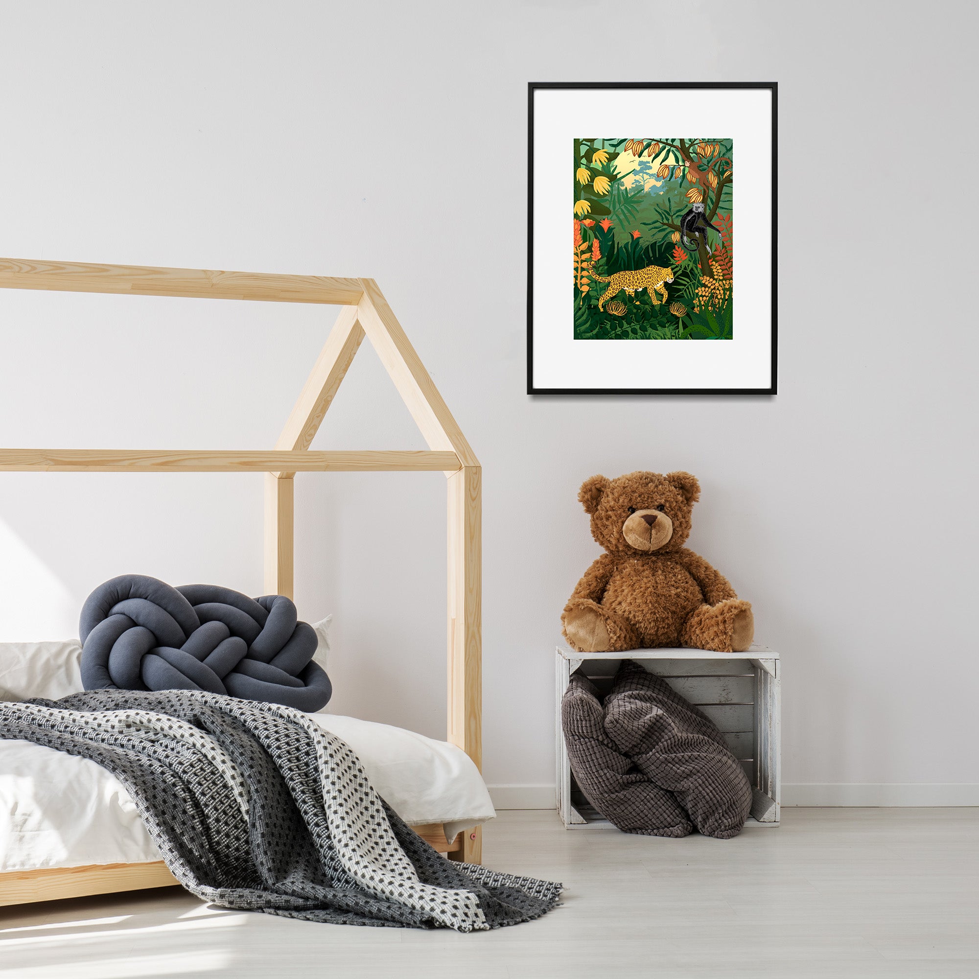 Amazon jungle print with leopard in child's room.