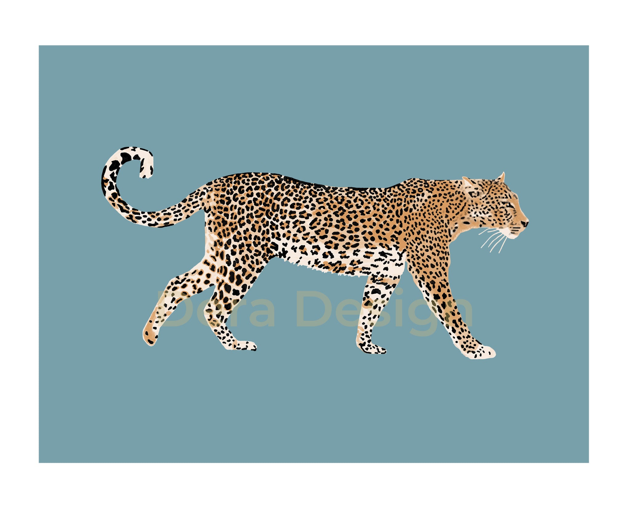 Leopard art print with an aqua background.