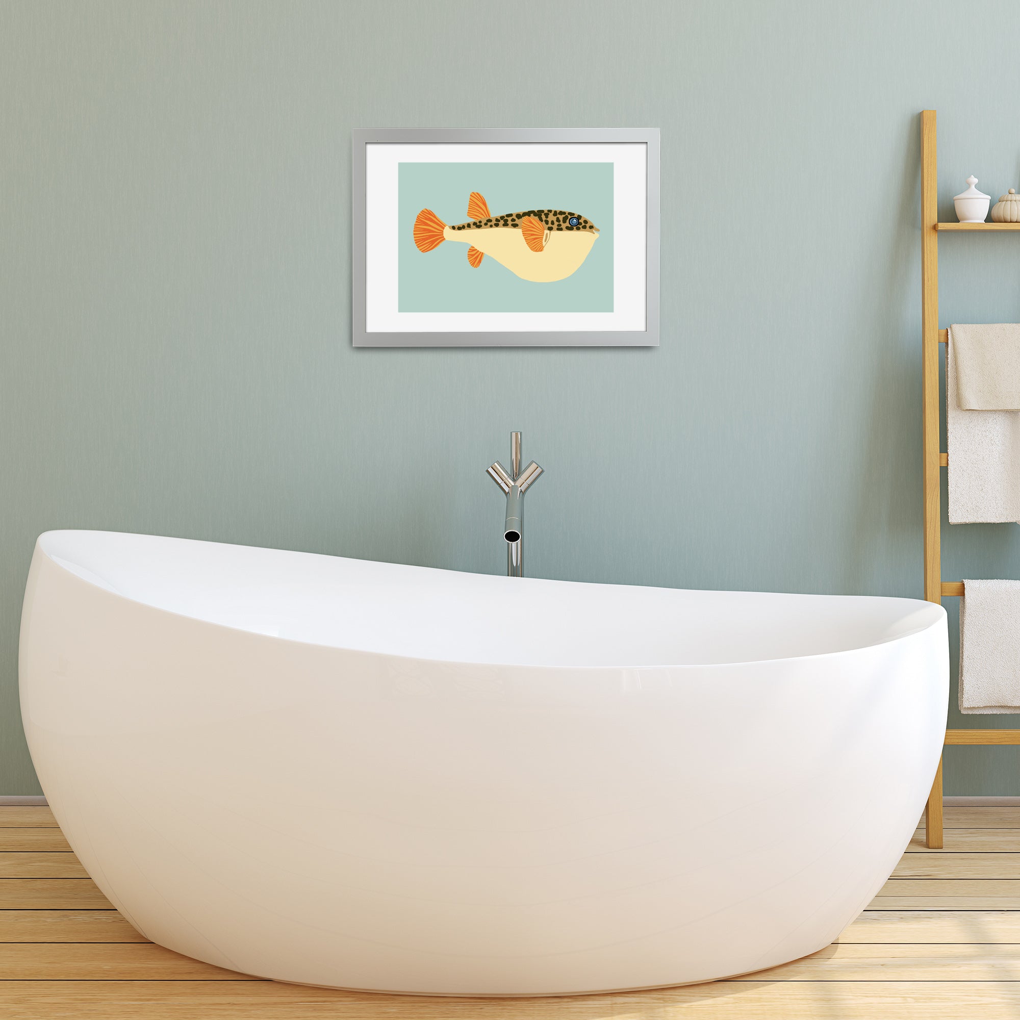 Aqua puffer fish in bathroom