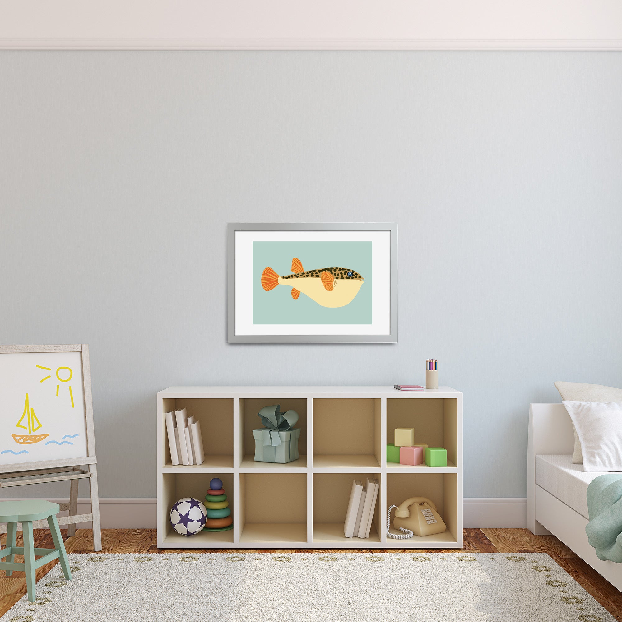 Aqua puffer fish in playroom