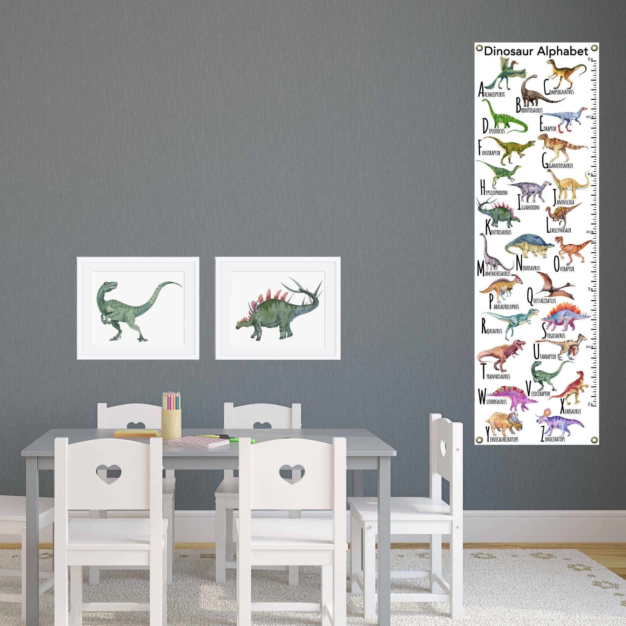 Archival fine art canvas with brass grommets; eco-friendly pigment inks; 26 original dinosaurs in watercolors with authentic names in alphabetical order. Made in Canada.