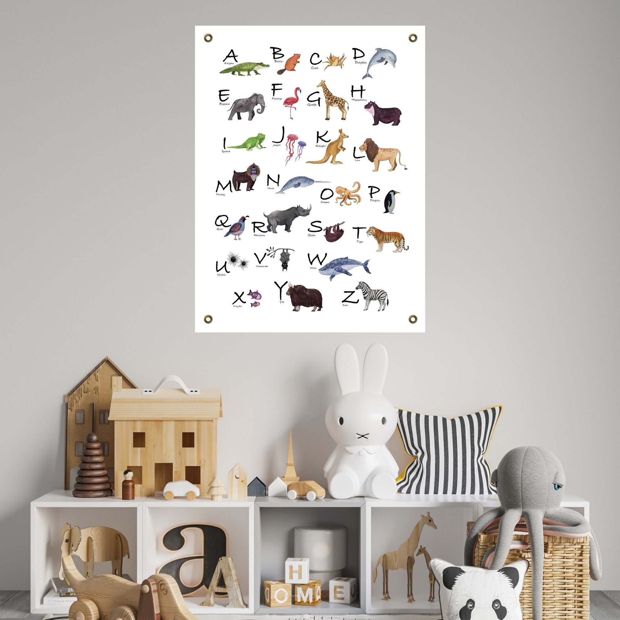 Animal alphabet giclée poster, 18 x 24 or 24 x 32 inches. Heavy fine art archival paper or fine art exhibition canvas, and eco-friendly pigment inks. The canvas option includes brass grommets installed in all four corners.
