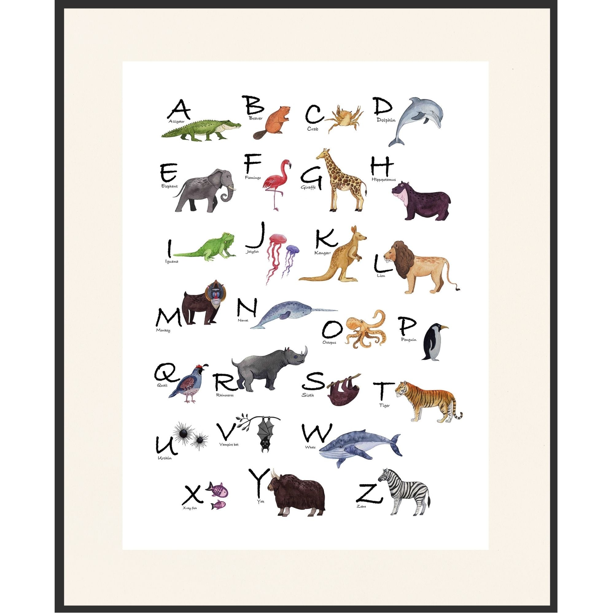 Animal alphabet giclée poster, 18 x 24 or 24 x 32 inches. Heavy fine art archival paper or fine art exhibition canvas, and eco-friendly pigment inks.
