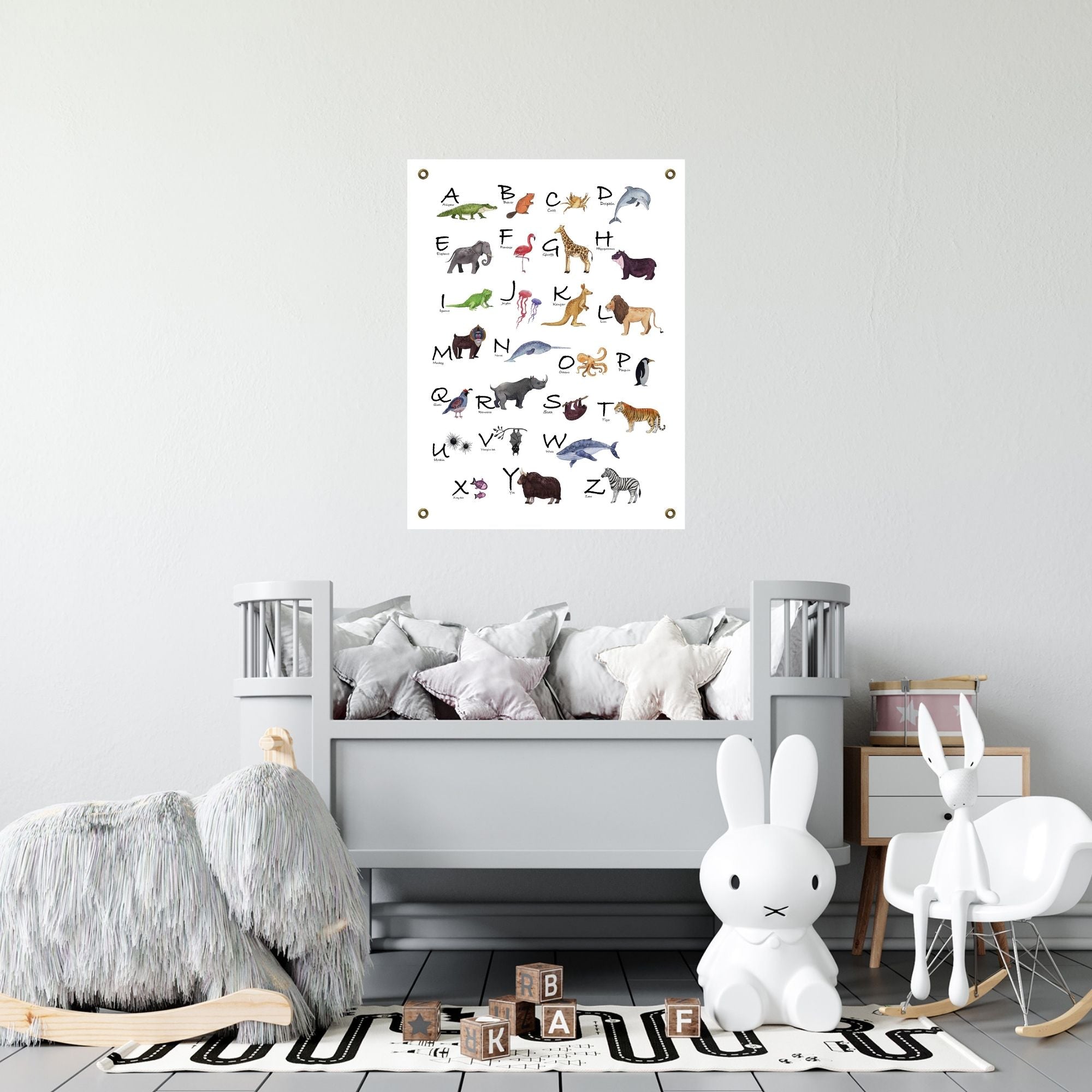 Animal alphabet giclée poster, 18 x 24 or 24 x 32 inches. Heavy fine art archival paper or fine art exhibition canvas, and eco-friendly pigment inks. The canvas option includes brass grommets installed in all four corners.