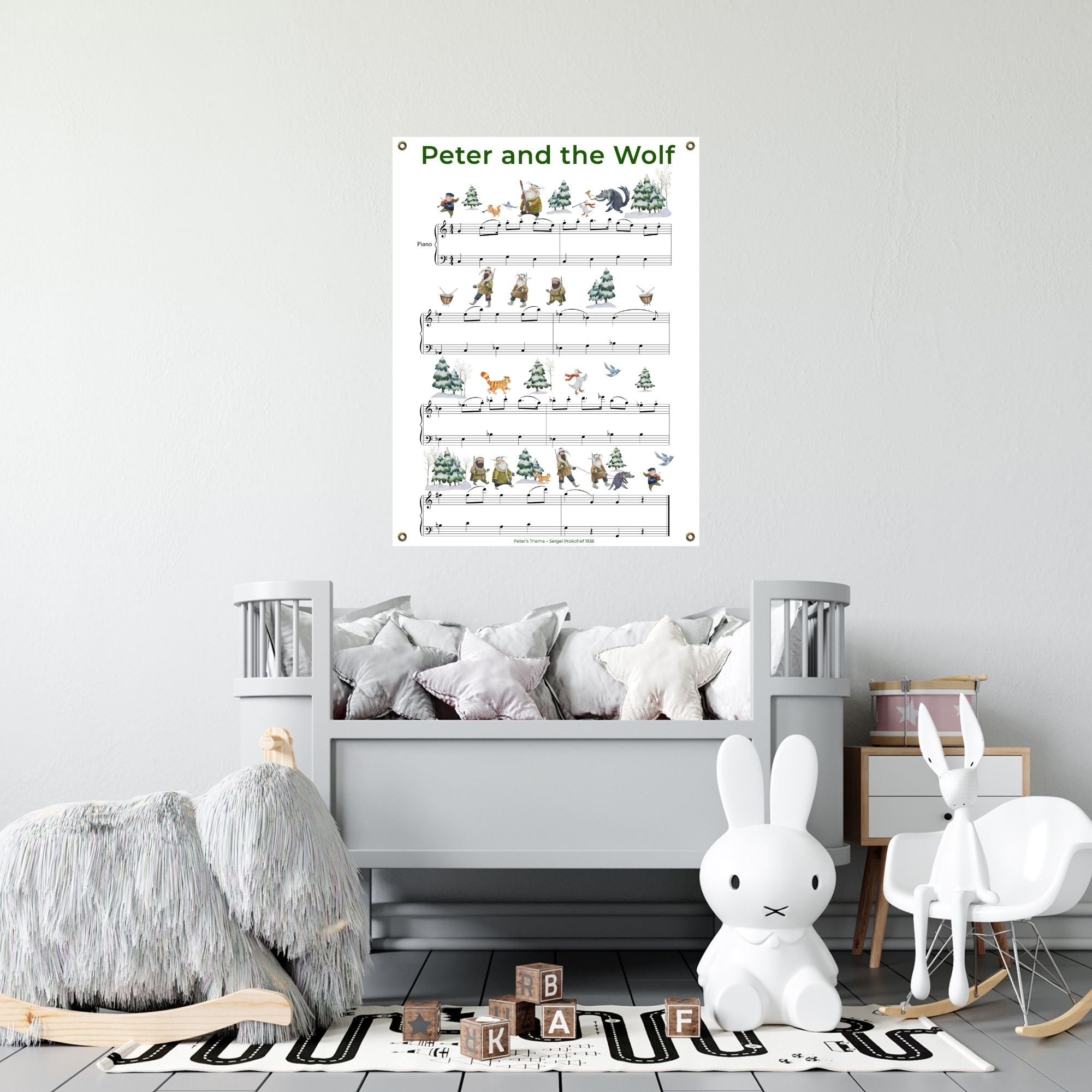 Peter and the Wolf poster in a child's room.