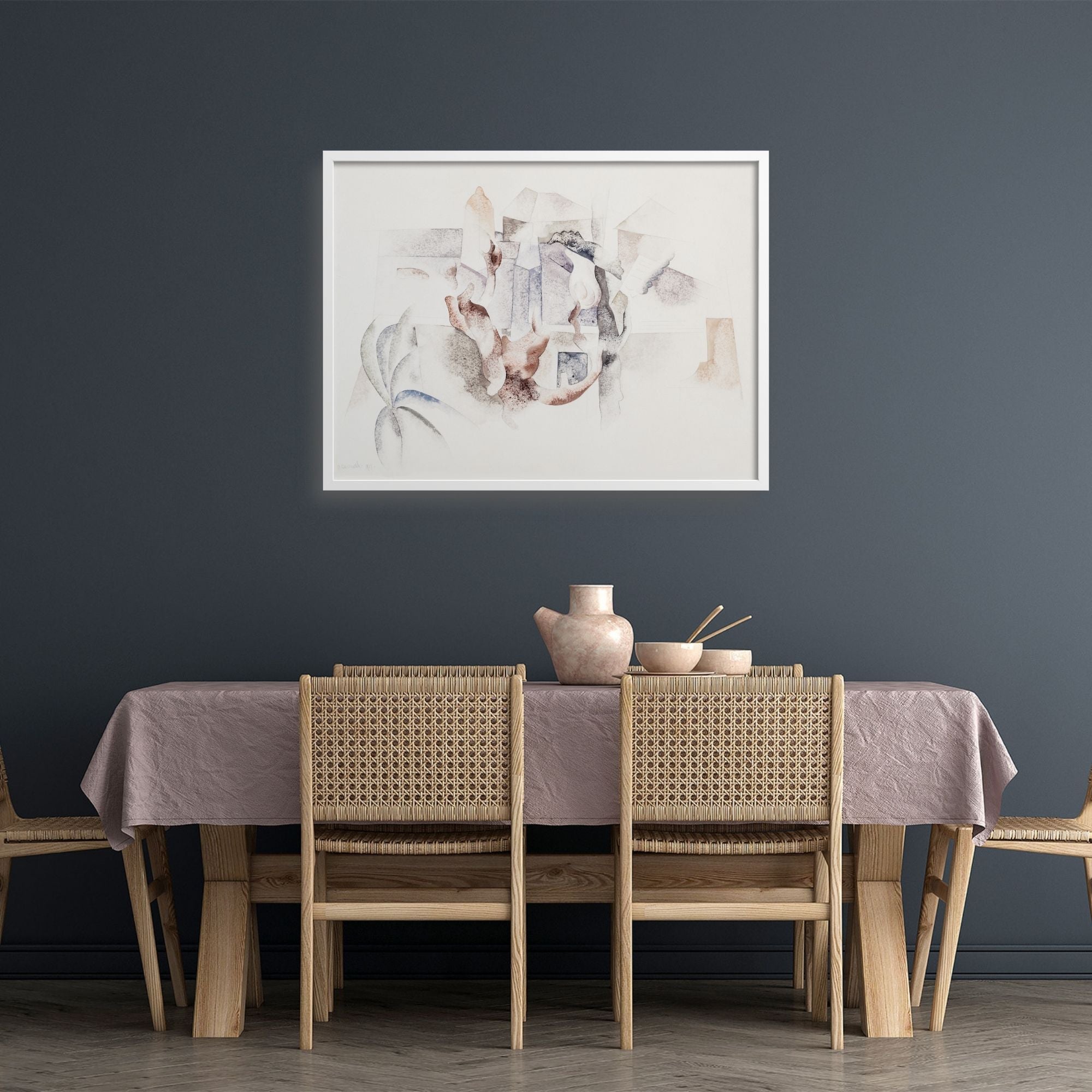 Abstract landscape over a table in a dining room.