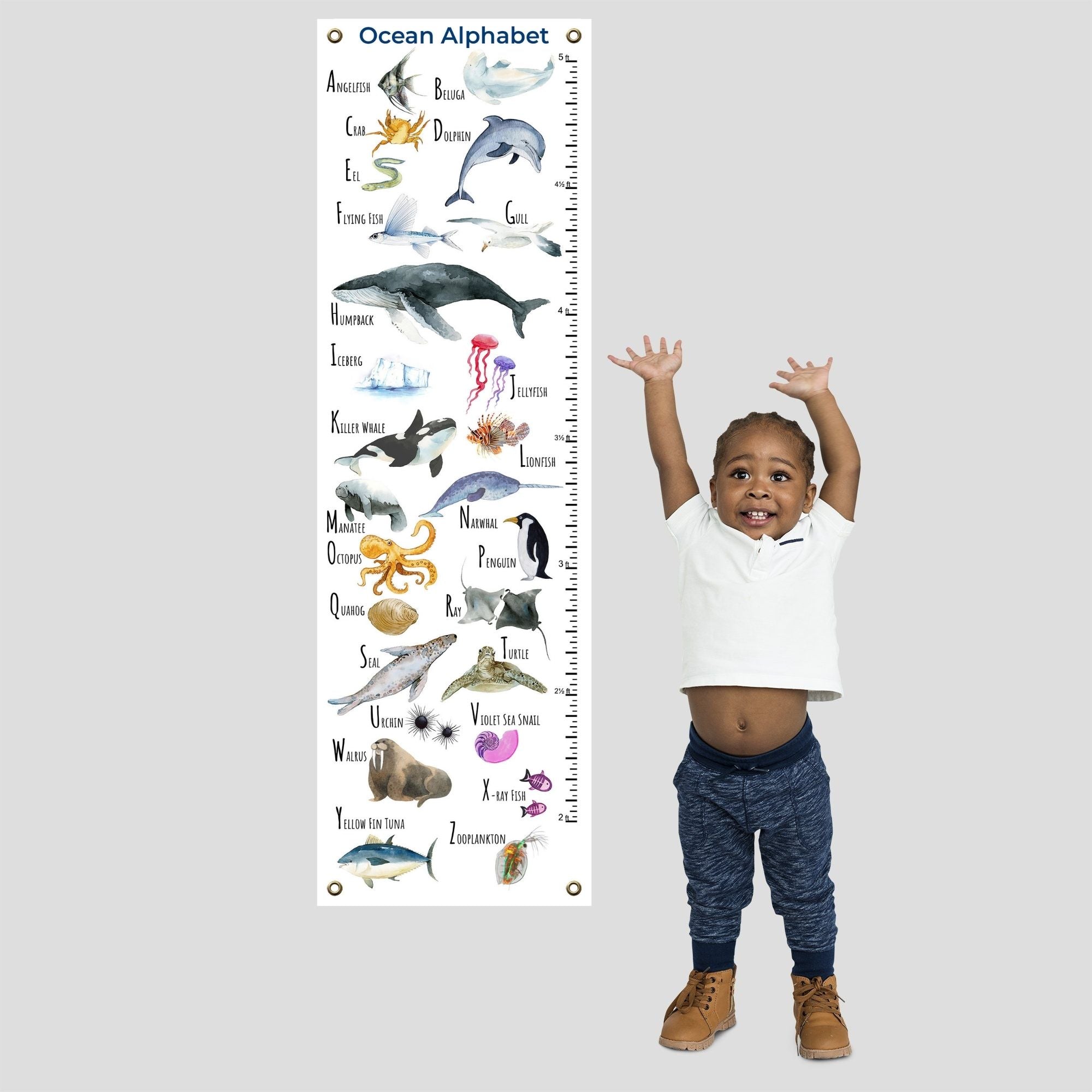 fine art canvas with brass grommets; inches or centimeters; eco-friendly inks; ocean theme; alphabetic names