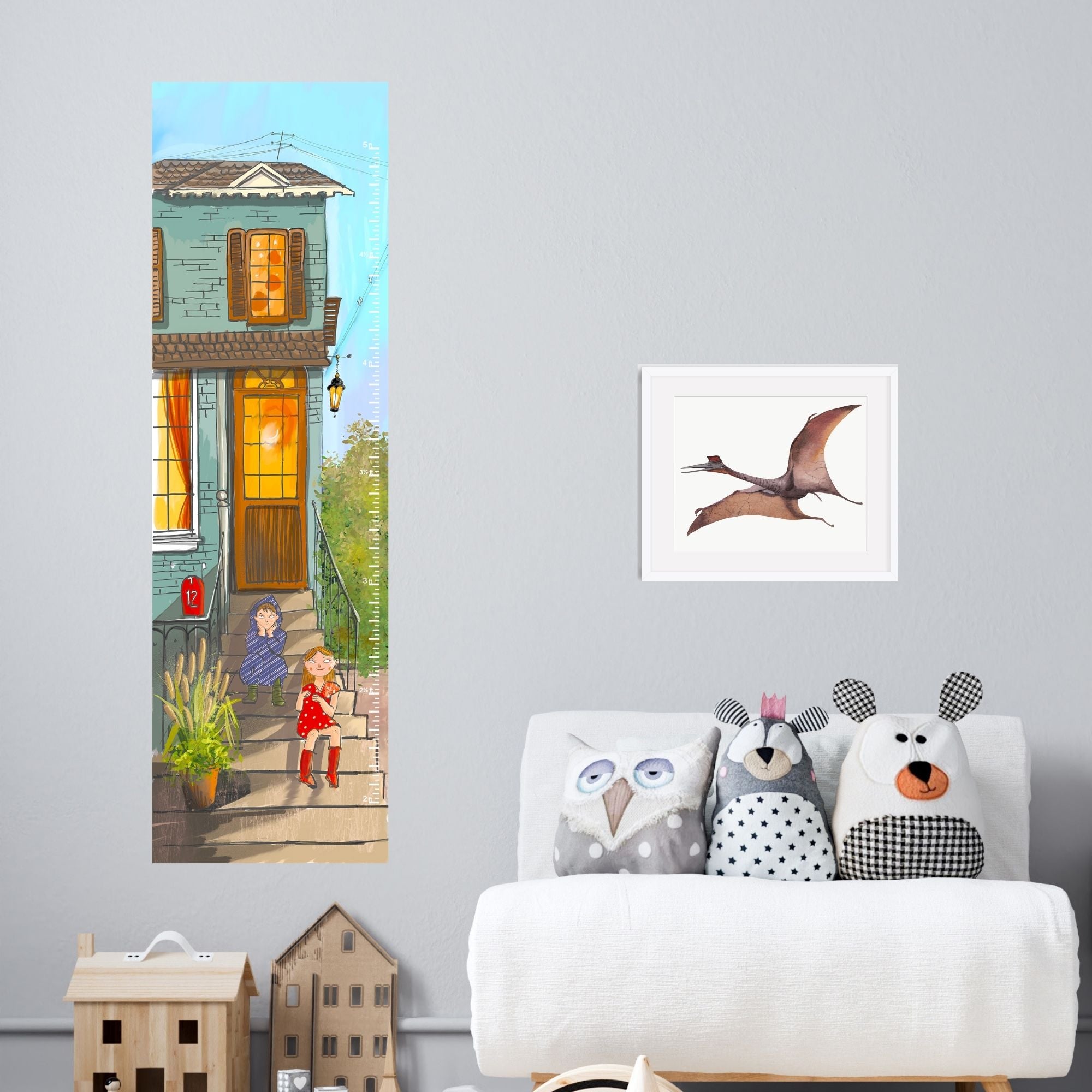City stairs canvas growth chart in a playroom.