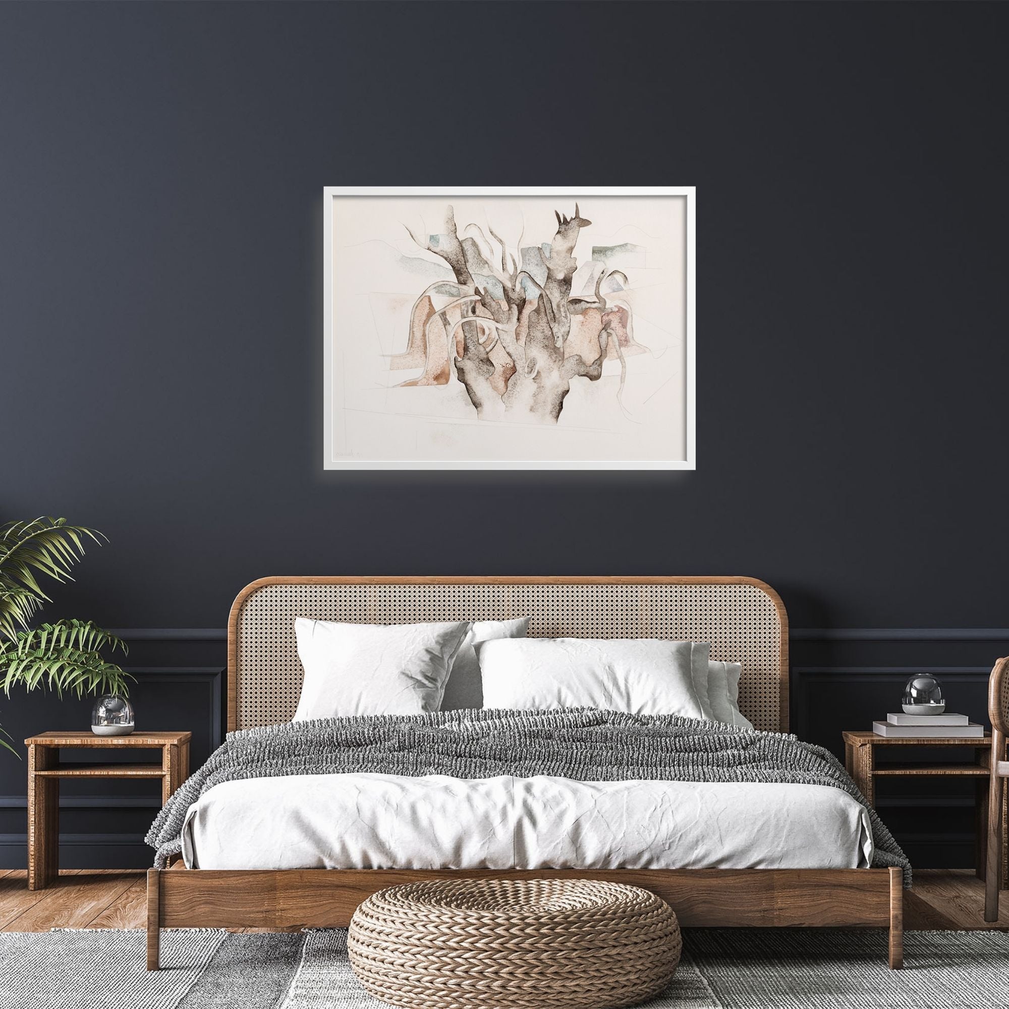 Bermuda tree watercolor art print in a bedroom.