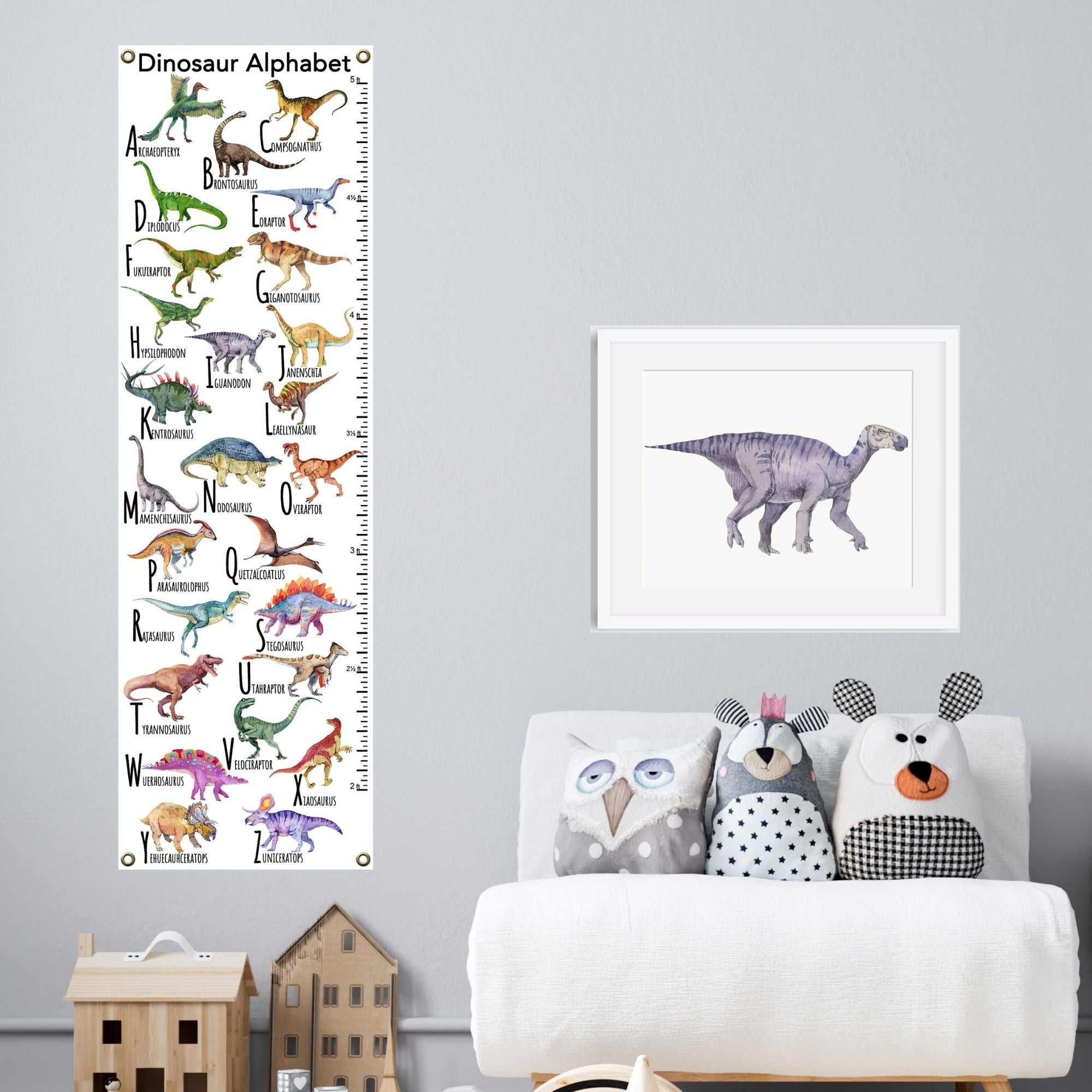 Fine-art canvas with brass grommets; eco-friendly pigment inks; original watercolor dinosaurs with authentic names; feet or centimetres as options.; made in Canada.