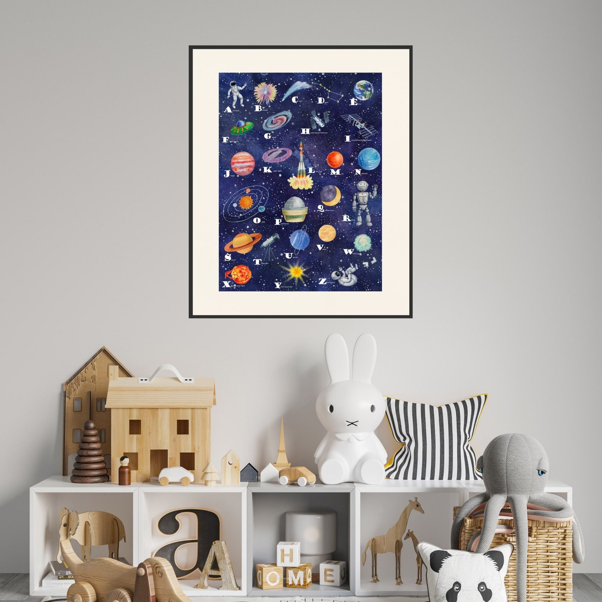 Framed space alphabet poster in a toddler's room.