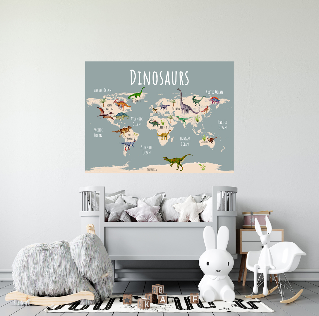 dinosaur world map over crib