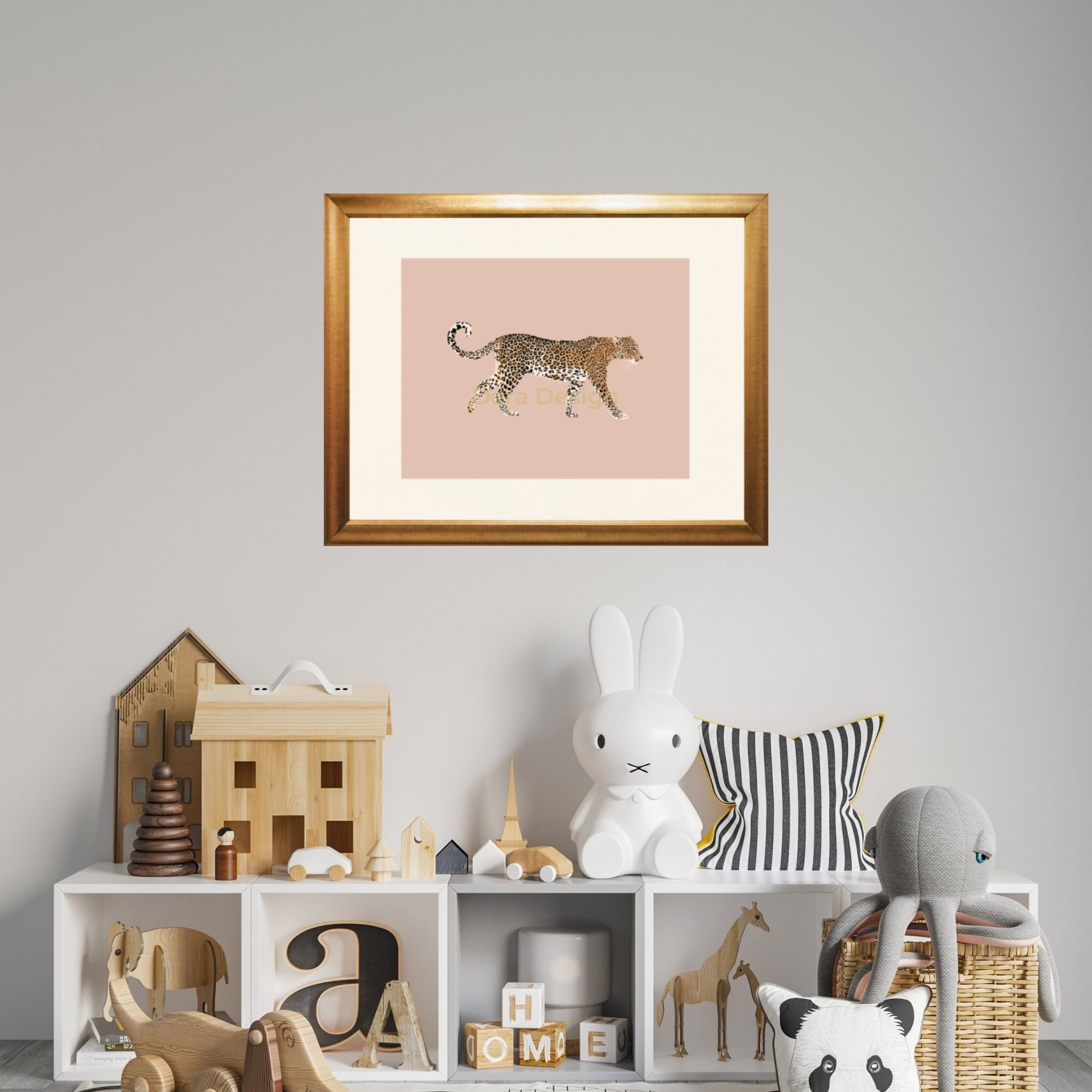 Leopard art print in a child's room.