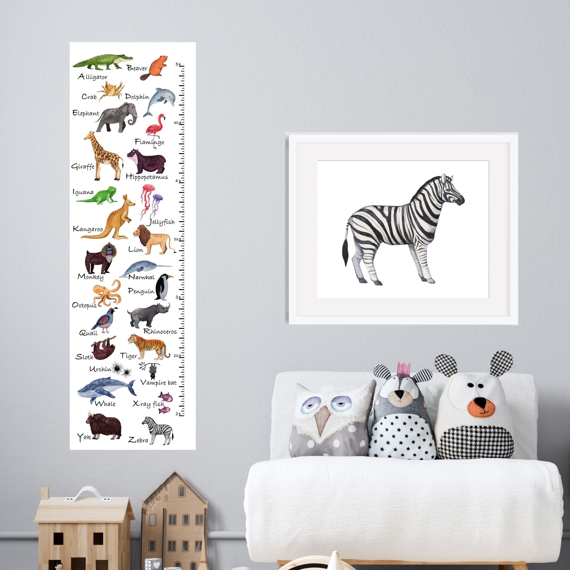 Alphabet growth chart with watercolor animals on exhibition canvas with brass grommets