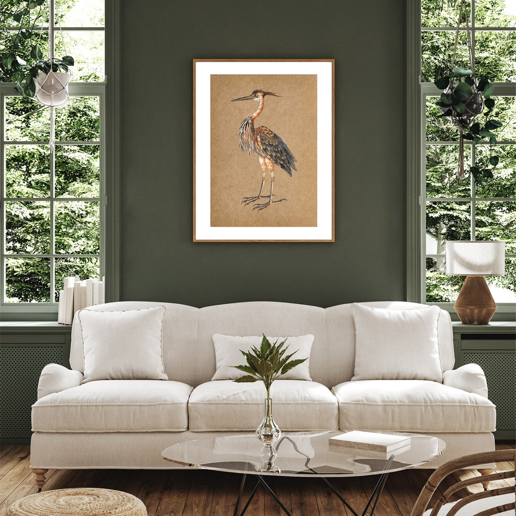 Framed purple heron in a living room.