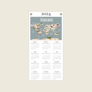 Dinosaur World map 2024 calendar in aqua