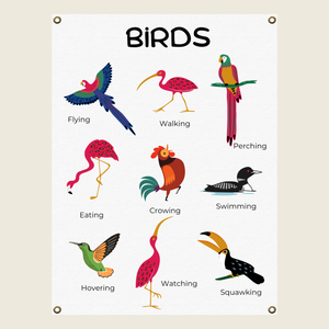Colorful active birds poster for kids on canvas with brass grommets