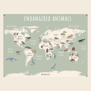endangered animals world map in green.