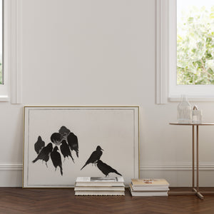Framed Japanese crows by Wantanabe Seitei in a minimalist room