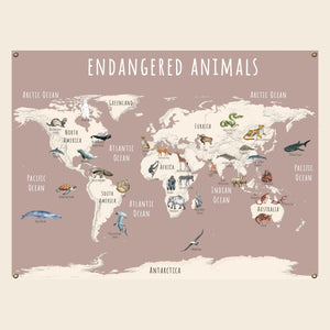 endangered animals world map in pink