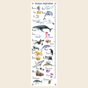 fine art canvas growth chart with brass grommets; inches or centimeters; eco-friendly inks; ocean theme; alphabetic names
