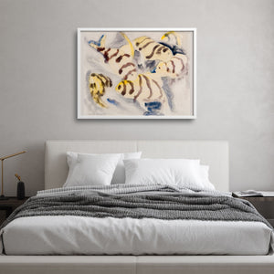Tropical fish art print in a minimalist bedroom with japandi style furnishings