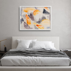 abstract fish painting in a minimalist bedroom