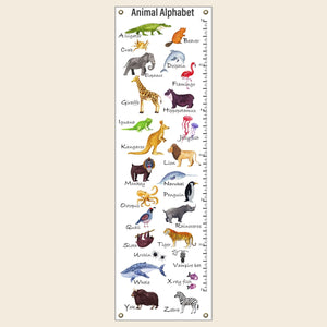 Alphabet growth chart with watercolor animals on exhibition canvas with brass grommets