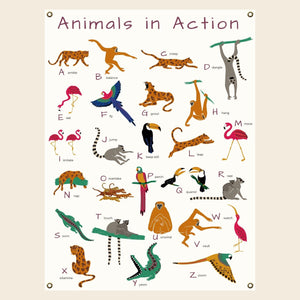 action animals alphabet poster on canvas with brass grommets