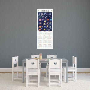 Space alphabet 2023 calendar in a classroom. 