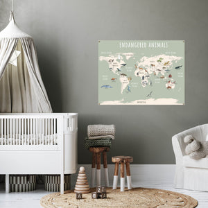 Green endangered animals world map in a baby's nursery.