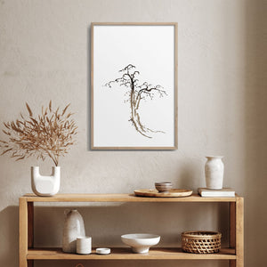 Ike Taiga solitary tree art print serves as wall decor over a Japandi style shelf