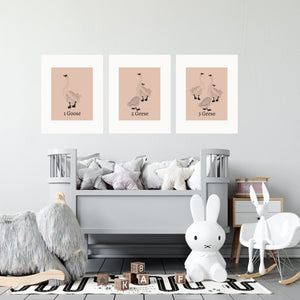 Set of 3 pink counting geese over baby's crib