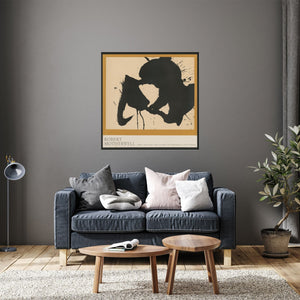Motherwell Art Poster over a grey sofa