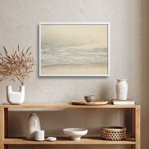 Silvered Waves art print over a bookcase in a Japandi style interior space