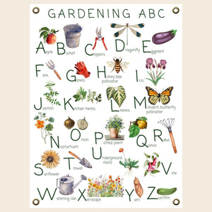 Gardening alphabet poster in canvas with brass grommets.