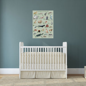 Mint green endangered animals alphabet poster over a crib in a baby's nursery.