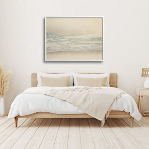 Japanese art print over a bed in a minimalist bedroom