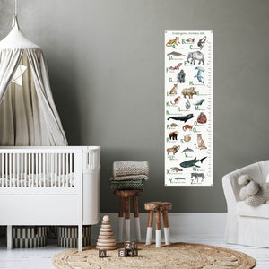 Endangered animals alphabet growth chart in a baby's nursery.