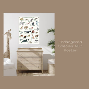 Canvas endangered animals poster over a child's dresser.