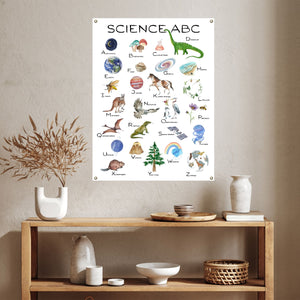 Canvas science alphabet poster over a shelf.