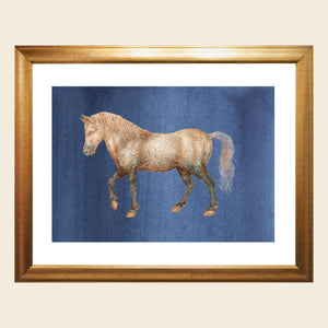 Vintage horse on indigo watercolor background. 