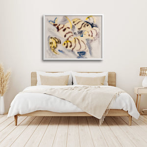 large Charles Demuth tropical fish art print over a bed in a minimalist room