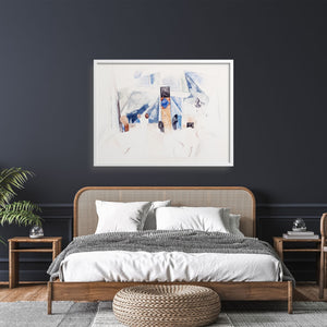 Charles Demuth blue and grey abstract Bermuda watercolor  on a dark wall in a bedroom.