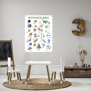Canvas science alphabet poster in a child's playroom.