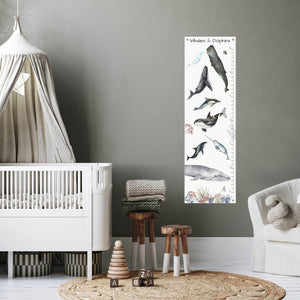 Canvas whale and dolphin growth chart in a baby's nursery