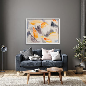 Charles Demuth grey and orange tropical fish watercolor on a living room wall