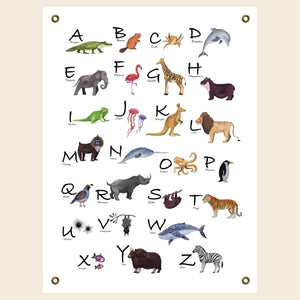 Animal alphabet giclée poster, 18 x 24 or 24 x 32 inches. Heavy fine art archival paper or fine art exhibition canvas, and eco-friendly pigment inks. The canvas option includes brass grommets installed in all four corners.
