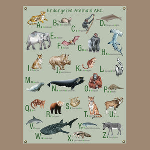 Canvas endangered animals alphabet poster in mint green with brass grommets.