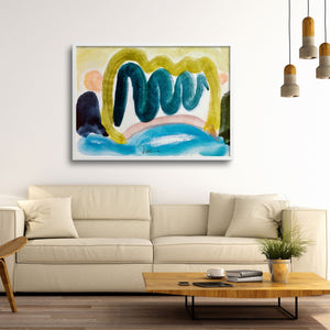 Modern Japandi minimalist living room with abstract art.